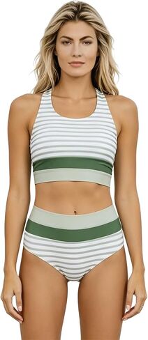 Women's Halter Neck Striped Two Piece Swimsuit High Waisted Bikini Set with Sage Green and White Horizontal Stripes Size S in Kuwait