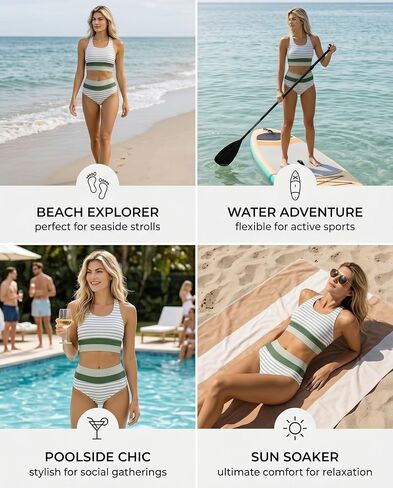 Women's Halter Neck Striped Two Piece Swimsuit High Waisted Bikini Set with Sage Green and White Horizontal Stripes Size S in Kuwait