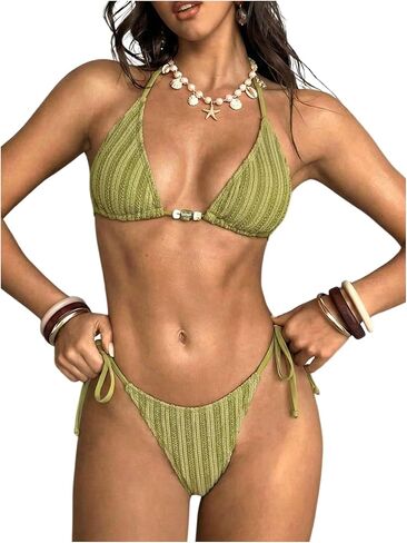 SHENHE Women's Swimsuit 2 Piece Striped Beaded Triangle String Bikini Brazilian Bathing Suits in Kuwait