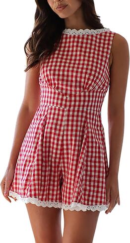 CORIRESHA Women's Elegant Lace Trim Plaid Printed Sleeveless Shorts Jumpsuit Gingham Romper in Kuwait