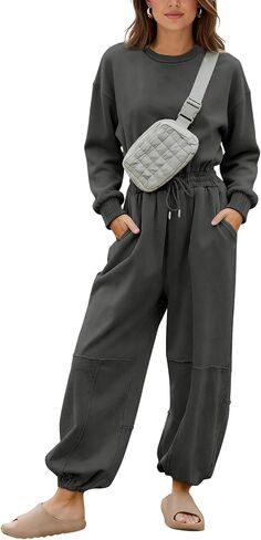 Flygo Womens Casual One Piece Jumpsuits Long Sleeve Crewneck Open Back Rompers Wide Leg Drawstring Waist Outfits with Pockets in Saudi Arabia