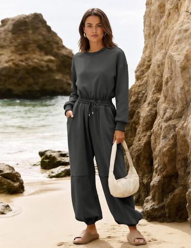 Flygo Womens Casual One Piece Jumpsuits Long Sleeve Crewneck Open Back Rompers Wide Leg Drawstring Waist Outfits with Pockets in Saudi Arabia