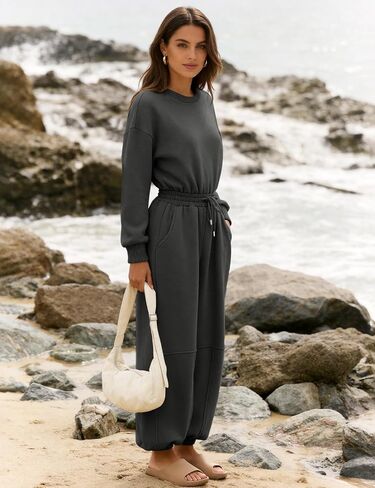 Flygo Womens Casual One Piece Jumpsuits Long Sleeve Crewneck Open Back Rompers Wide Leg Drawstring Waist Outfits with Pockets in Saudi Arabia