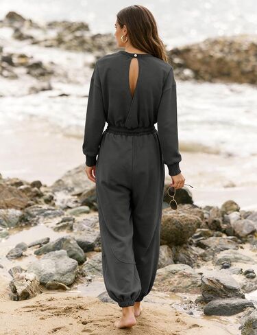 Flygo Womens Casual One Piece Jumpsuits Long Sleeve Crewneck Open Back Rompers Wide Leg Drawstring Waist Outfits with Pockets in Saudi Arabia
