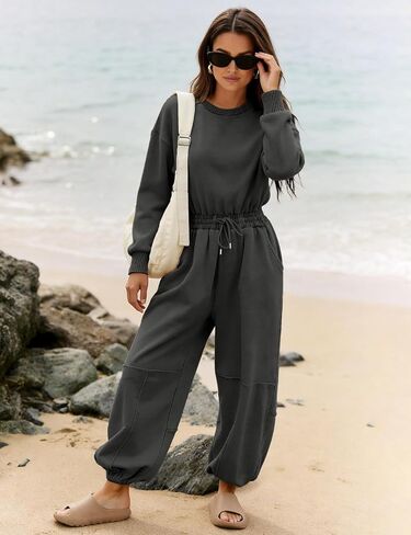Flygo Womens Casual One Piece Jumpsuits Long Sleeve Crewneck Open Back Rompers Wide Leg Drawstring Waist Outfits with Pockets in Saudi Arabia