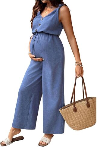 OYOANGLE Women's Maternity Jumpsuits Button V Neck Drawstring Wide Leg Long Pants Romper in Kuwait
