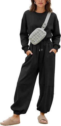 Flygo Womens Casual One Piece Jumpsuits Long Sleeve Crewneck Open Back Rompers Wide Leg Drawstring Waist Outfits with Pockets in Saudi Arabia