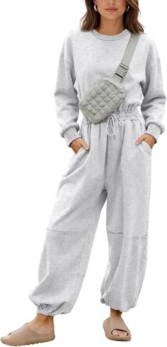Flygo Womens Casual One Piece Jumpsuits Long Sleeve Crewneck Open Back Rompers Wide Leg Drawstring Waist Outfits with Pockets in Saudi Arabia