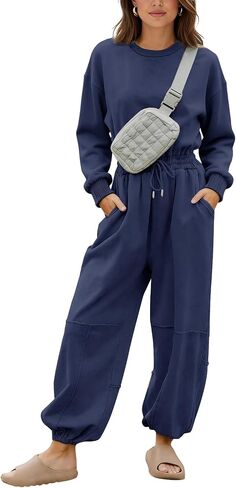 Flygo Womens Casual One Piece Jumpsuits Long Sleeve Crewneck Open Back Rompers Wide Leg Drawstring Waist Outfits with Pockets in Saudi Arabia