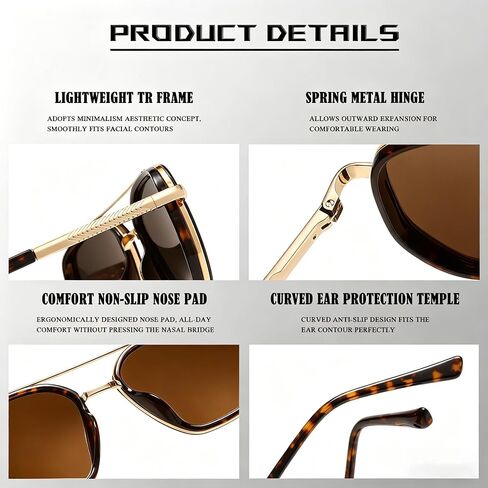HYLLE Polarized Aviator Sunglasses for Women Tangle Free Square Sun Glasses Shades Driving UV400 Protection in Saudi Arabia