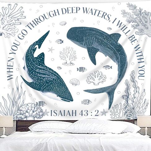 Riyidecor Blue Whale Ocean Scripture Tapestry 80Wx60H Inch Isaiah 43:2 Beach Sealife Coastal Bible Verse Christian God Seaweed Coral Wall Hanging Religious Home Dorm Decor Art Living Room Bedroom in Kuwait
