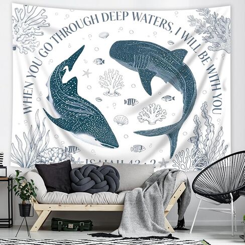 Riyidecor Blue Whale Ocean Scripture Tapestry 80Wx60H Inch Isaiah 43:2 Beach Sealife Coastal Bible Verse Christian God Seaweed Coral Wall Hanging Religious Home Dorm Decor Art Living Room Bedroom in Kuwait