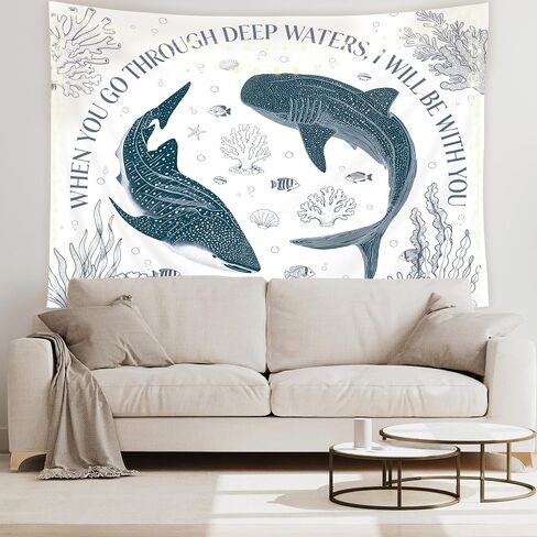 Riyidecor Blue Whale Ocean Scripture Tapestry 80Wx60H Inch Isaiah 43:2 Beach Sealife Coastal Bible Verse Christian God Seaweed Coral Wall Hanging Religious Home Dorm Decor Art Living Room Bedroom in Kuwait