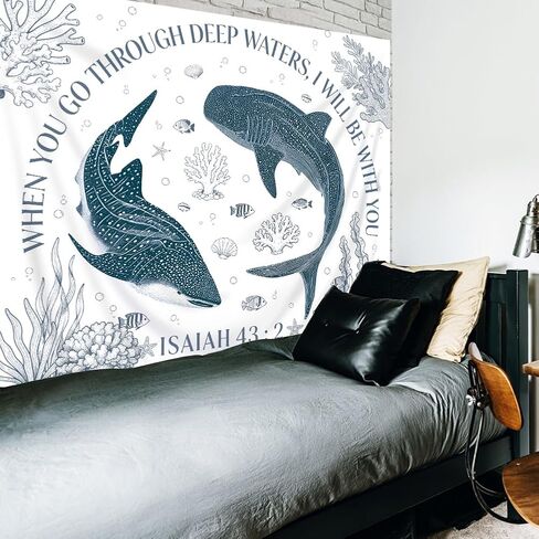 Riyidecor Blue Whale Ocean Scripture Tapestry 80Wx60H Inch Isaiah 43:2 Beach Sealife Coastal Bible Verse Christian God Seaweed Coral Wall Hanging Religious Home Dorm Decor Art Living Room Bedroom in Kuwait