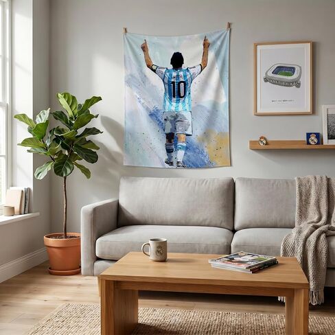 Lionel Messi World Cup Soccer Tapestry for Teens Fans Single Sided HD Fade-Resistant Print Poster 4 Corner Grommets, For Teen Boy Bedroom/Living Room Wall Hanging Decoration 35.4x47.2 Inches (White) in Saudi Arabia