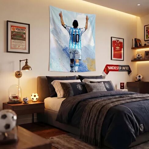 Lionel Messi World Cup Soccer Tapestry for Teens Fans Single Sided HD Fade-Resistant Print Poster 4 Corner Grommets, For Teen Boy Bedroom/Living Room Wall Hanging Decoration 35.4x47.2 Inches (White) in Saudi Arabia
