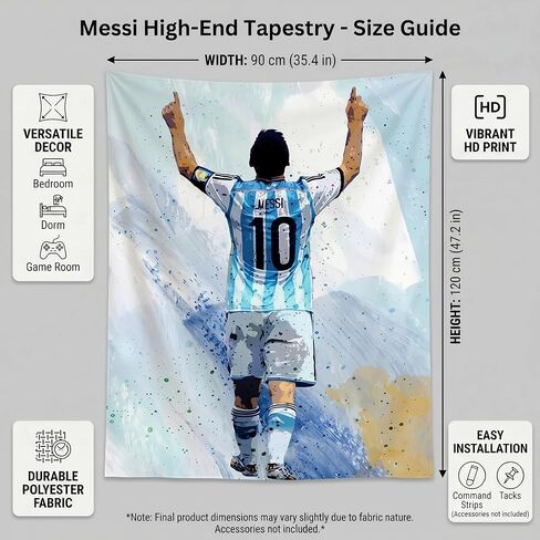 Lionel Messi World Cup Soccer Tapestry for Teens Fans Single Sided HD Fade-Resistant Print Poster 4 Corner Grommets, For Teen Boy Bedroom/Living Room Wall Hanging Decoration 35.4x47.2 Inches (White) in Saudi Arabia