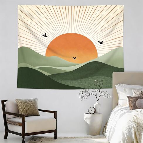 Cinbloo Sage Green Tapestry 59Wx51H Inch Abstract Boho Mountain Golden Sun Nature Bohemian Modern Geometric Landscape Minimalist Wall Hanging Natural Classroom Home Dorm Decor Art Living Room Bedroom in Saudi Arabia