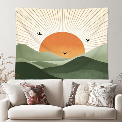 Cinbloo Sage Green Tapestry 59Wx51H Inch Abstract Boho Mountain Golden Sun Nature Bohemian Modern Geometric Landscape Minimalist Wall Hanging Natural Classroom Home Dorm Decor Art Living Room Bedroom in Saudi Arabia