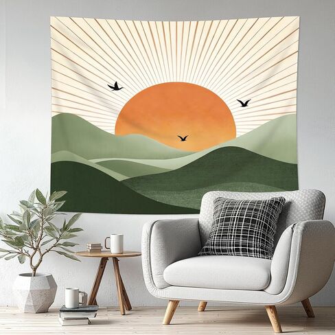 Cinbloo Sage Green Tapestry 59Wx51H Inch Abstract Boho Mountain Golden Sun Nature Bohemian Modern Geometric Landscape Minimalist Wall Hanging Natural Classroom Home Dorm Decor Art Living Room Bedroom in Saudi Arabia
