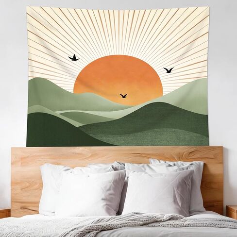 Cinbloo Sage Green Tapestry 59Wx51H Inch Abstract Boho Mountain Golden Sun Nature Bohemian Modern Geometric Landscape Minimalist Wall Hanging Natural Classroom Home Dorm Decor Art Living Room Bedroom in Saudi Arabia