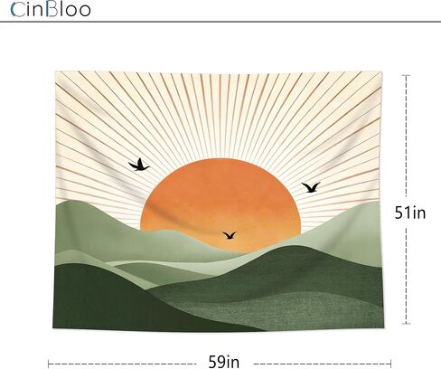 Cinbloo Sage Green Tapestry 59Wx51H Inch Abstract Boho Mountain Golden Sun Nature Bohemian Modern Geometric Landscape Minimalist Wall Hanging Natural Classroom Home Dorm Decor Art Living Room Bedroom in Saudi Arabia