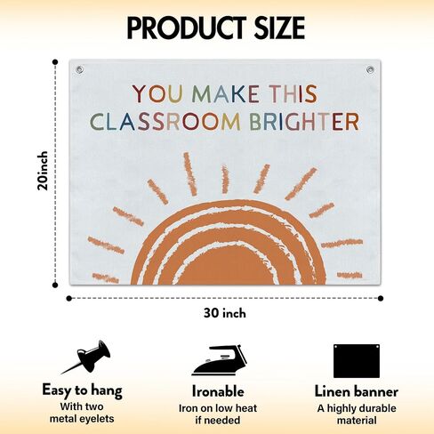Boho Classroom Wall Decor, You Make This Classroom Brighter Canvas Banner, 20x30 inches Sunshine Wall Hanging Flag Linen Tapestry Decorations for Nursery Playroom -023 in Saudi Arabia