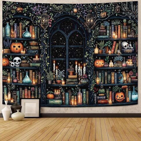 Fungarth Witchy Library Bookshelf Tapestry Wall Hanging Magic Potions Skulls Pumpkins Wall Tapestry Aesthetic Dark Academia Black Window Tapestries for Bedroom Living Room Dorm Decor 80 x 60 Inch in Saudi Arabia