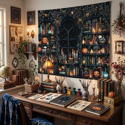 Fungarth Witchy Library Bookshelf Tapestry Wall Hanging Magic Potions Skulls Pumpkins Wall Tapestry Aesthetic Dark Academia Black Window Tapestries for Bedroom Living Room Dorm Decor 80 x 60 Inch in Saudi Arabia