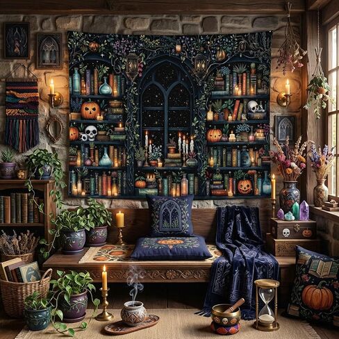 Fungarth Witchy Library Bookshelf Tapestry Wall Hanging Magic Potions Skulls Pumpkins Wall Tapestry Aesthetic Dark Academia Black Window Tapestries for Bedroom Living Room Dorm Decor 80 x 60 Inch in Saudi Arabia