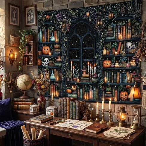 Fungarth Witchy Library Bookshelf Tapestry Wall Hanging Magic Potions Skulls Pumpkins Wall Tapestry Aesthetic Dark Academia Black Window Tapestries for Bedroom Living Room Dorm Decor 80 x 60 Inch in Saudi Arabia