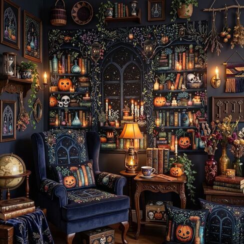 Fungarth Witchy Library Bookshelf Tapestry Wall Hanging Magic Potions Skulls Pumpkins Wall Tapestry Aesthetic Dark Academia Black Window Tapestries for Bedroom Living Room Dorm Decor 80 x 60 Inch in Saudi Arabia
