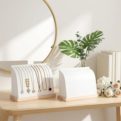 2pcs Necklace Display with Soft Mat Jewelry Display for Vendors Home Boutique Countertop Chain Display Organizer Pendant Choker Stand Wooden Base PU Leather White 8.27x3.54x6.1in in Kuwait