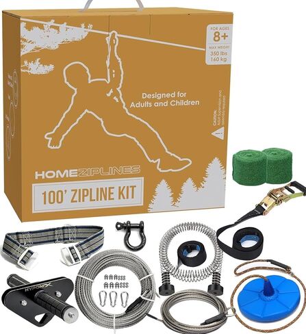 HomeZiplines Zip Line للأطفال والكبار حتى 350 رطلاً - 150/100/200 قدم - خط سحاب سريع الإعداد للأطفال والكبار في الفناء الخلفي - مقاوم للصدأ بنسبة 100% مع حزام أمان - خط سحاب للبالغين - مجموعة Zipline in Kuwait