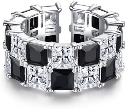 Checkered Ring for Women, Black Clear Rhinestone Checkerboard Adjustable Wide Band Open Rings Unique Statement Jewelry Gift in Saudi Arabia