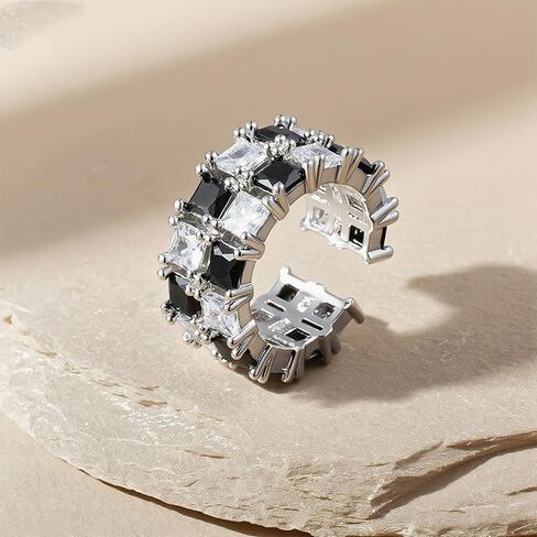 Checkered Ring for Women, Black Clear Rhinestone Checkerboard Adjustable Wide Band Open Rings Unique Statement Jewelry Gift in Saudi Arabia