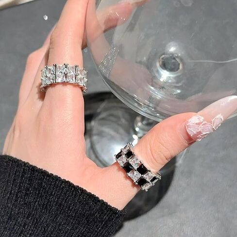 Checkered Ring for Women, Black Clear Rhinestone Checkerboard Adjustable Wide Band Open Rings Unique Statement Jewelry Gift in Saudi Arabia