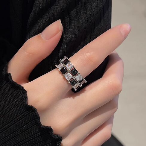 Checkered Ring for Women, Black Clear Rhinestone Checkerboard Adjustable Wide Band Open Rings Unique Statement Jewelry Gift in Saudi Arabia