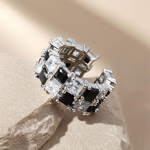 Checkered Ring for Women, Black Clear Rhinestone Checkerboard Adjustable Wide Band Open Rings Unique Statement Jewelry Gift in Saudi Arabia
