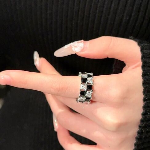Checkered Ring for Women, Black Clear Rhinestone Checkerboard Adjustable Wide Band Open Rings Unique Statement Jewelry Gift in Saudi Arabia