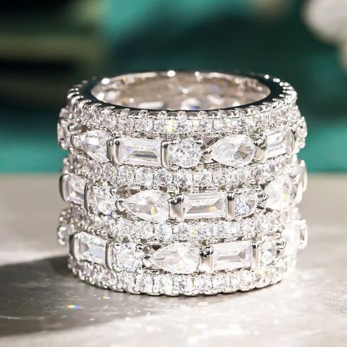 Sparkling Cubic Zirconia Wide Ring Elegant Multilayer Band for Women Holiday Banquet Gorgeous Ring Jewelry in Kuwait