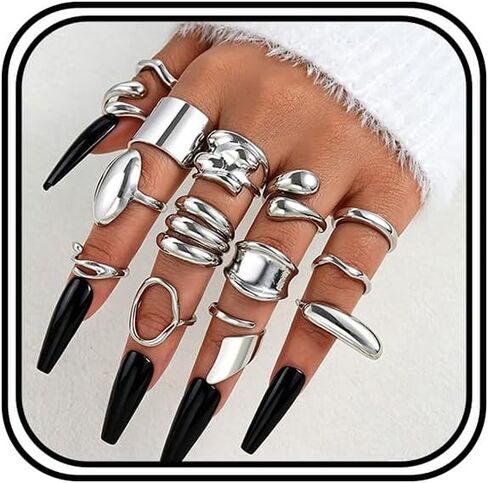 13PCS Silver Chunky Rings for Women Non Tarnish Stackable Stacking Rings Set Thumb Signet Statement Ring Band Multiple Sizes Trendy Jewelry Gift in Kuwait