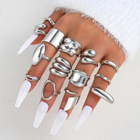 13PCS Silver Chunky Rings for Women Non Tarnish Stackable Stacking Rings Set Thumb Signet Statement Ring Band Multiple Sizes Trendy Jewelry Gift in Kuwait