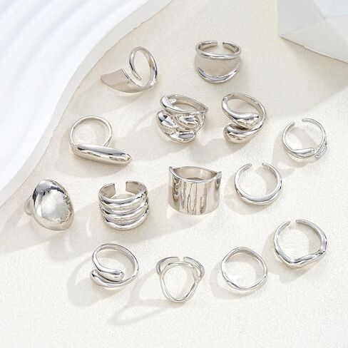 13PCS Silver Chunky Rings for Women Non Tarnish Stackable Stacking Rings Set Thumb Signet Statement Ring Band Multiple Sizes Trendy Jewelry Gift in Kuwait