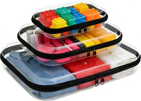 3PCS Clear Hard Shell Zipper Case,Zipper Pouches Hard Shell,Clear Toiletry Bag,Travel Makeup Bag Organizer,Toy Storage Containers,Hard Shell Plastic Case,Portable Transparent Diaper Organizers(White) in Kuwait