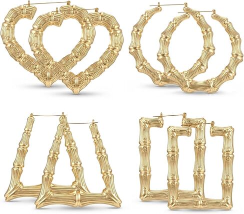 4 Pairs Bamboo Earrings Gold, Chunky Big Hoop Earrings, 80s 90s Door Knocker Earring, for Hip-Hop Accessories and Retro Outfits in Saudi Arabia