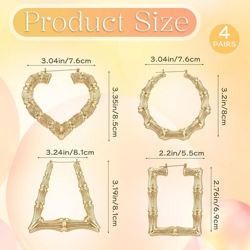 4 Pairs Bamboo Earrings Gold, Chunky Big Hoop Earrings, 80s 90s Door Knocker Earring, for Hip-Hop Accessories and Retro Outfits in Saudi Arabia