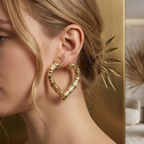 4 Pairs Bamboo Earrings Gold, Chunky Big Hoop Earrings, 80s 90s Door Knocker Earring, for Hip-Hop Accessories and Retro Outfits in Saudi Arabia