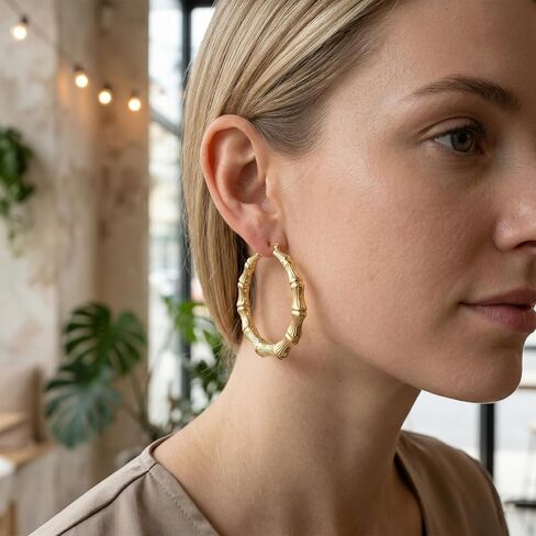 4 Pairs Bamboo Earrings Gold, Chunky Big Hoop Earrings, 80s 90s Door Knocker Earring, for Hip-Hop Accessories and Retro Outfits in Saudi Arabia