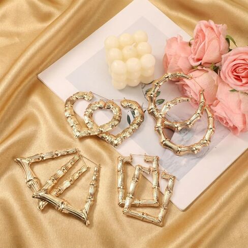 4 Pairs Bamboo Earrings Gold, Chunky Big Hoop Earrings, 80s 90s Door Knocker Earring, for Hip-Hop Accessories and Retro Outfits in Saudi Arabia